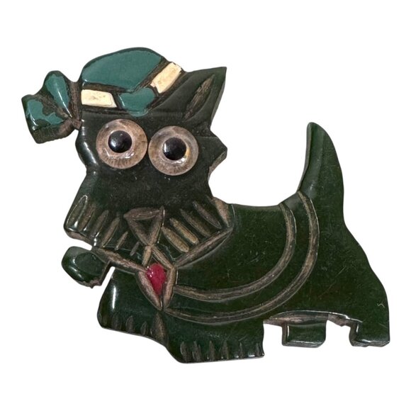 Vintage Bakelite Scottie Dog Brooch Whimsical Kitch Carved Dark Green Pin 1.5" - Picture 1 of 4